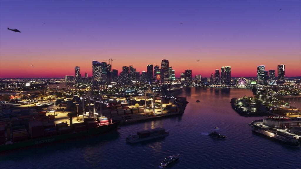 Skyline de Vice City ao anoitecer visto da baía