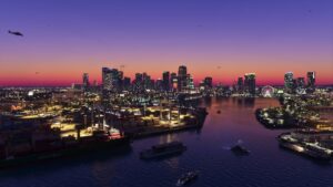 Skyline de Vice City ao anoitecer visto da baía