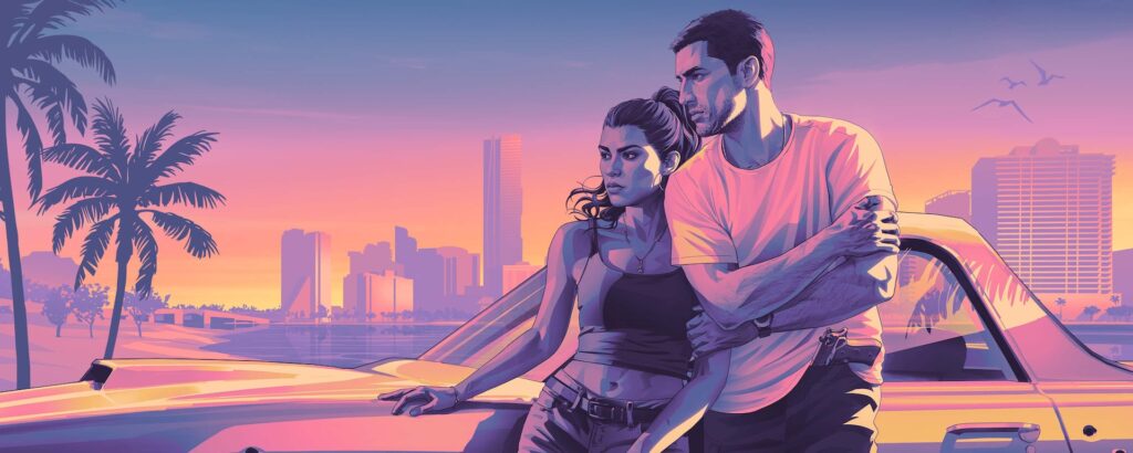 Lucia e Jason encostados a um carro ao pôr do sol em Vice City