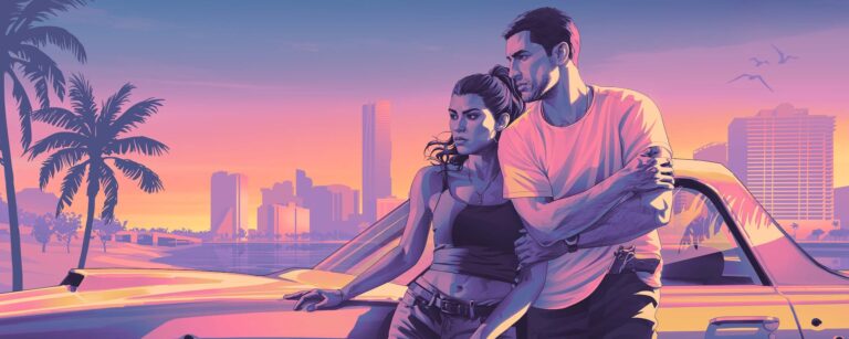Lucia e Jason encostados a um carro ao pôr do sol em Vice City